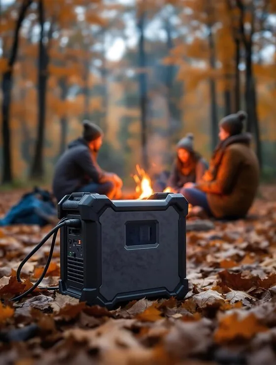 Tres personas junto a una hoguera, con una estación de energía delante