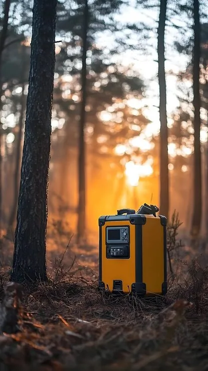Estación de energía portátil en un bosque al atardecer