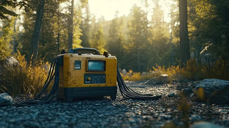 Estación de energía amarilla sobre grava con cables enrollados, en un bosque