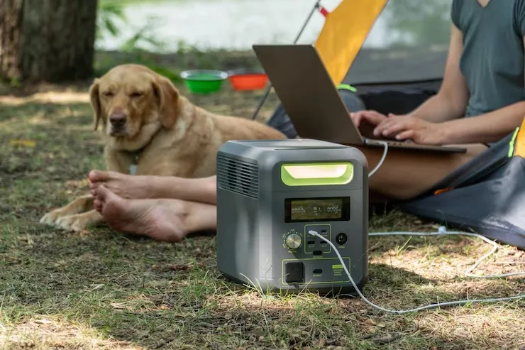 Persona con portátil junto a una tienda, con una estación de energía y un perro