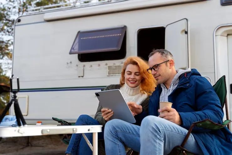 Pareja sentada delante de una autocaravana mirando una tableta