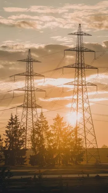 Siluetas de torres de alta tensión y árboles al atardecer